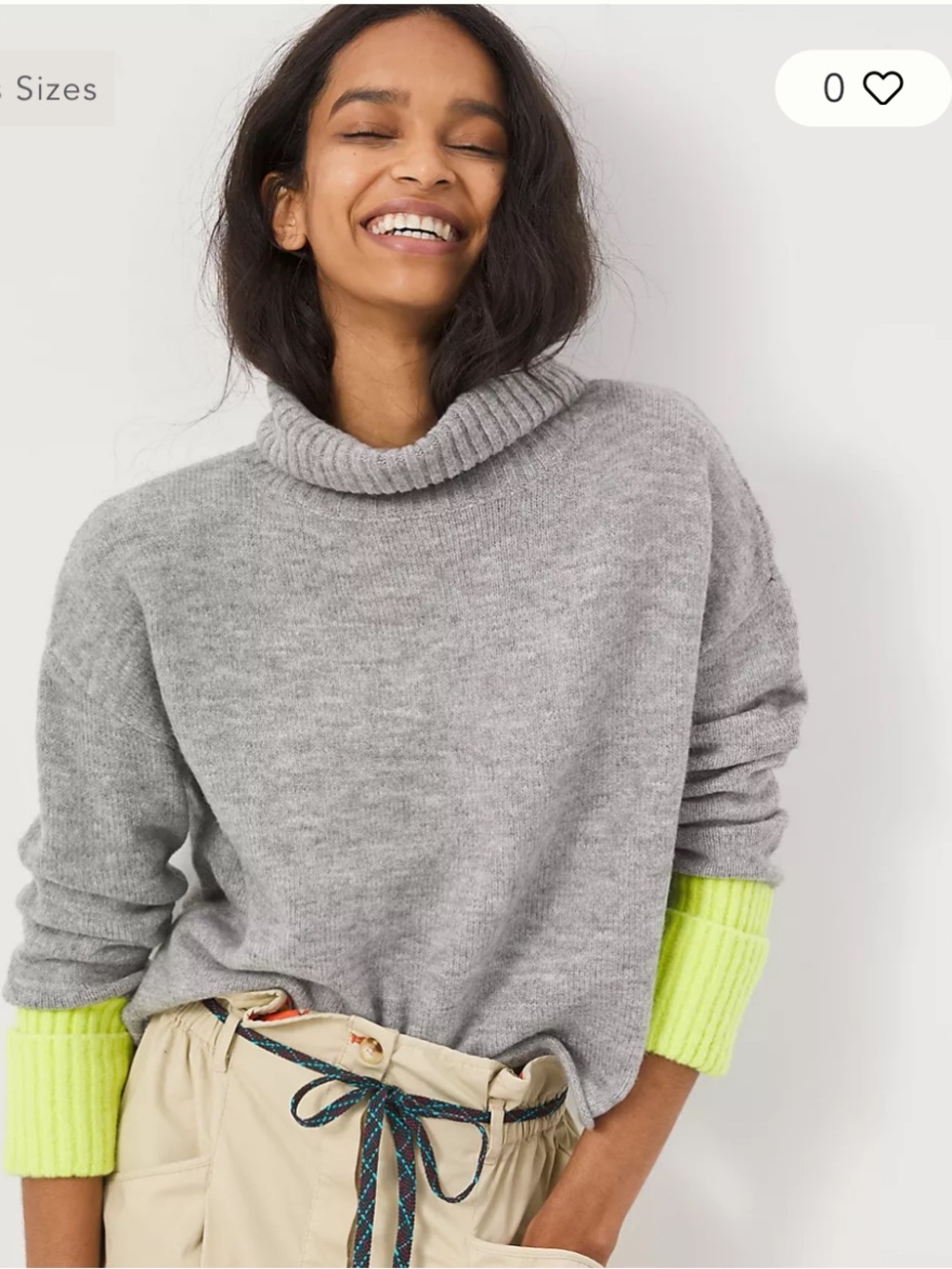 Anthropologie Paulina Crop Turtleneck Gray Sweater Neon Green Cuffs Sz MP